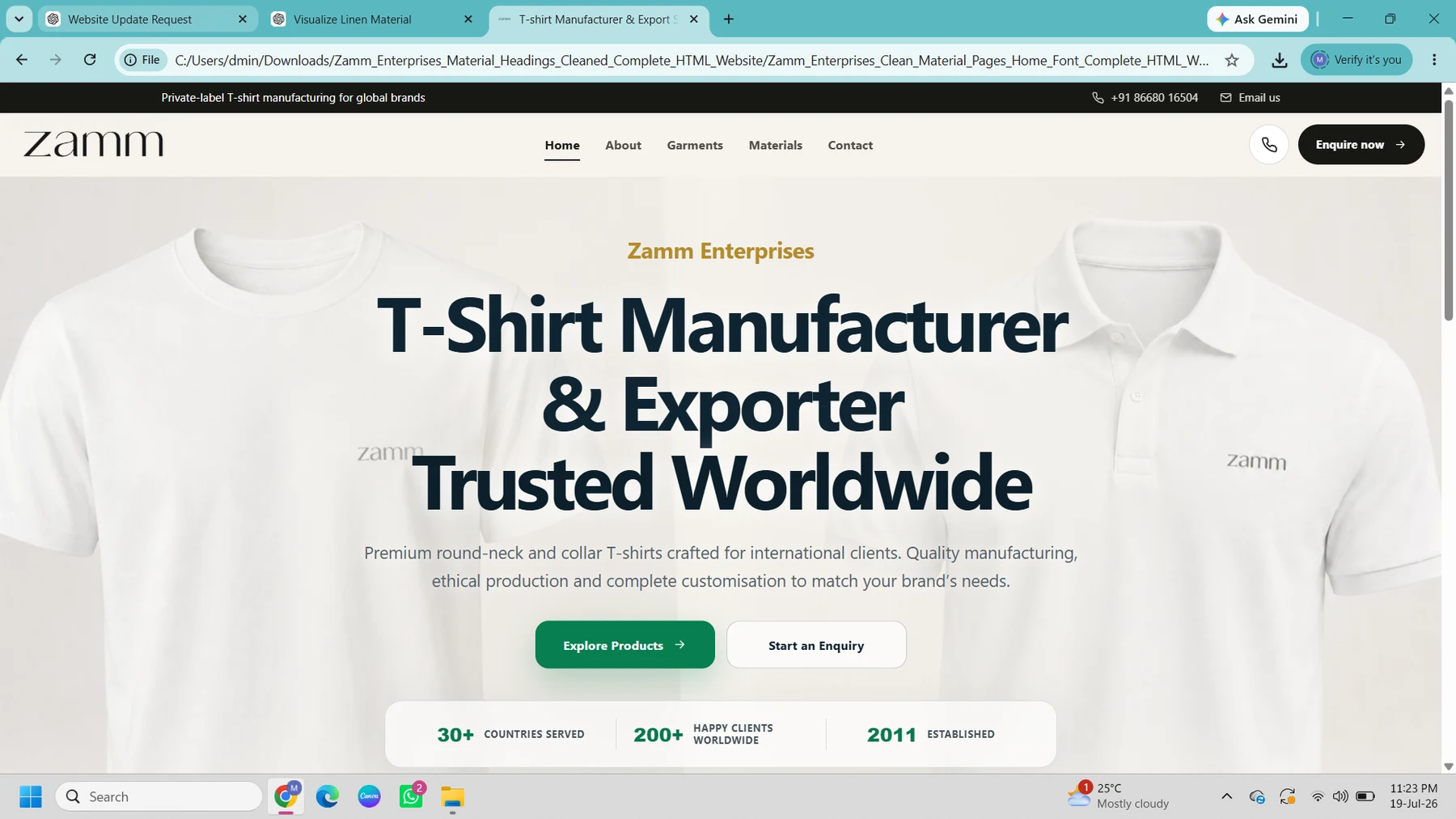 Zamm Clothing T-shirt manufacturer and exporter website interface
